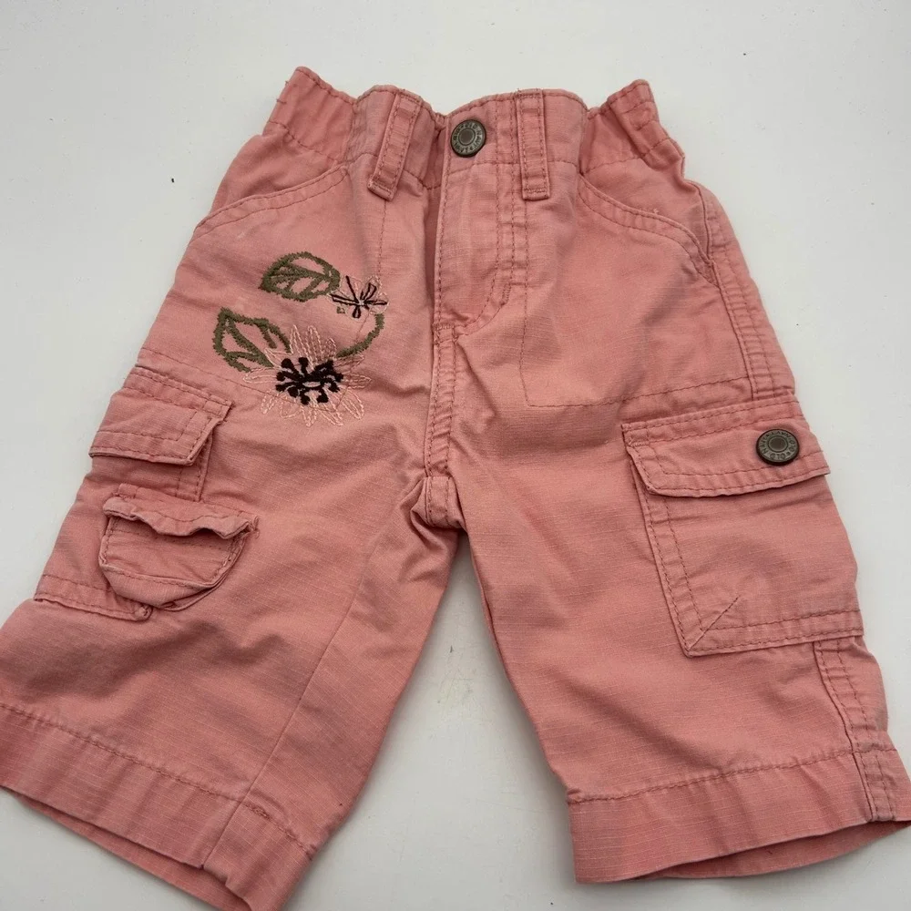Old Navy Pink Floral Embroidered Cargo Shorts Girls 12-18 Months Cotton Ripstop